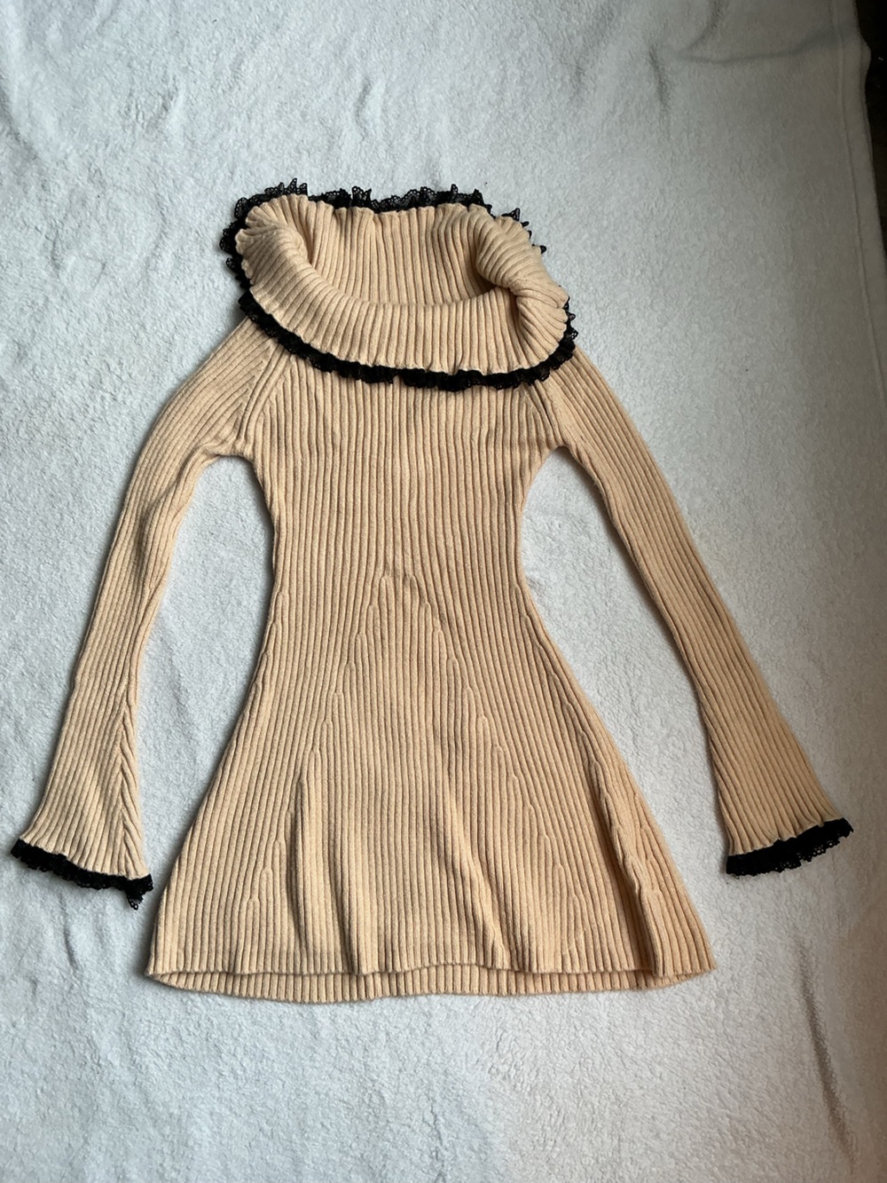 SHEIN Beige Ribbed Turtleneck Sweater Dress with Black Trim